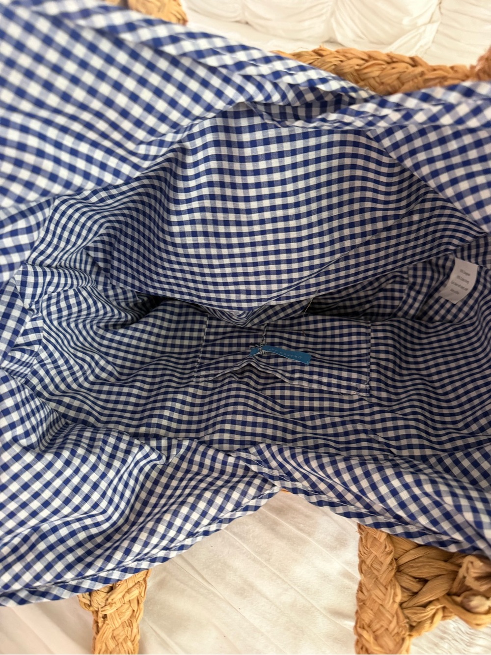 Draper James Reese Straw Tote Natural Woven Beach Bag Blue Gingham Lining NWT - Picture 7 of 10